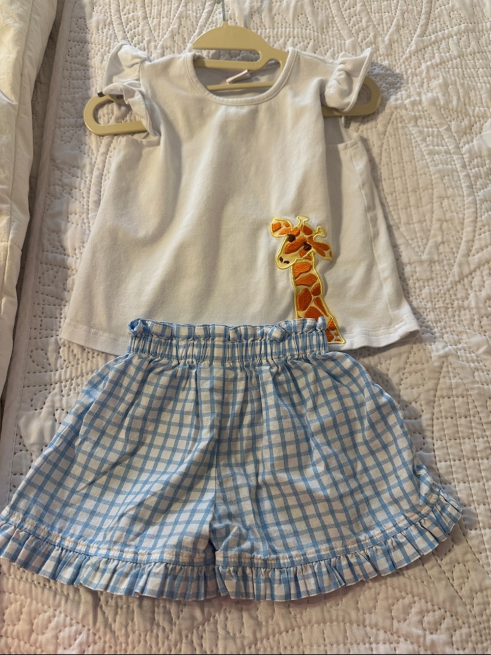 Stitchy Fish Girls' Cream Giraffe Ruffle Tank & Blue Gingham Shorts Set